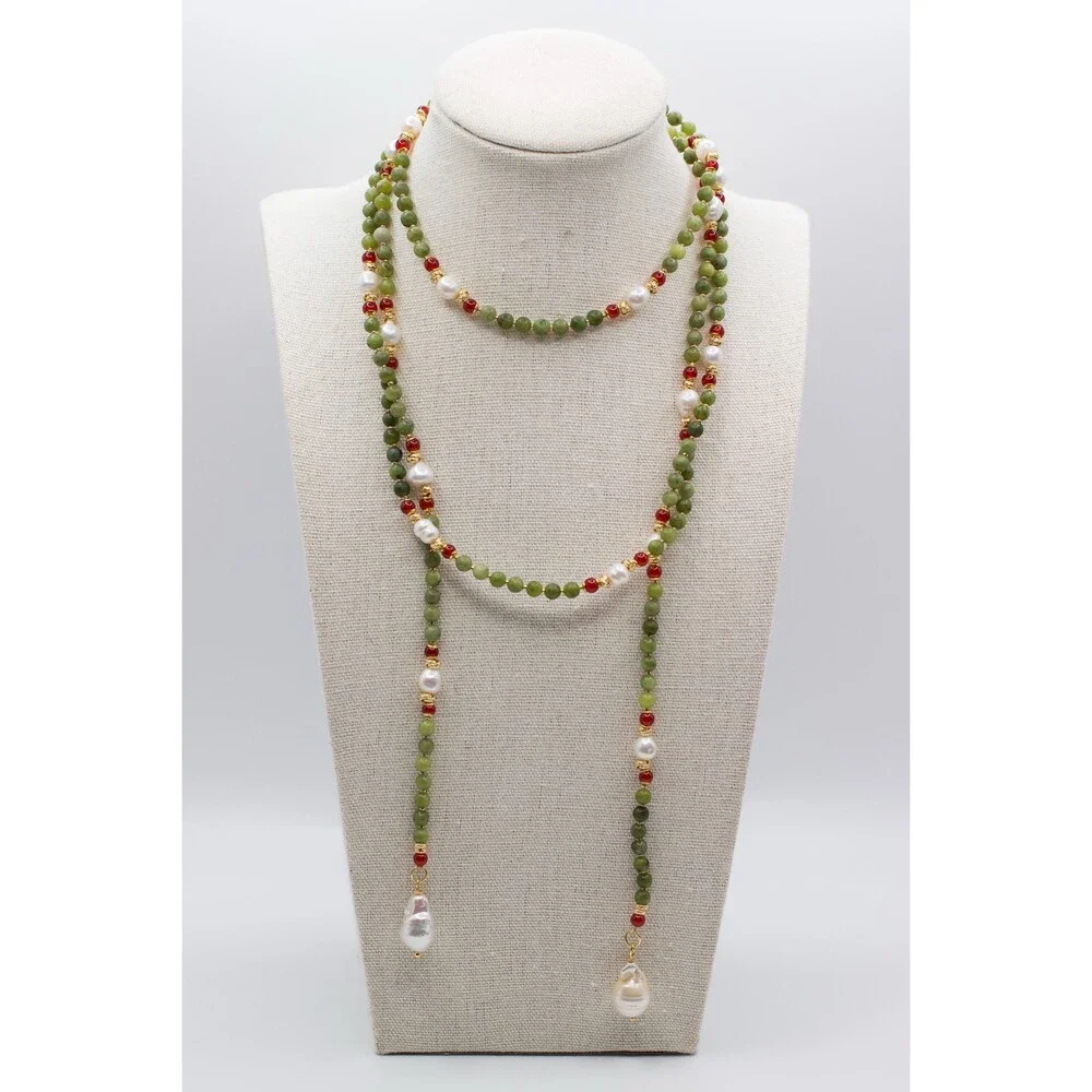Green Aventurine & White Pearl Lariat Necklace Gold Baroque Pearl Kundan Sautoir